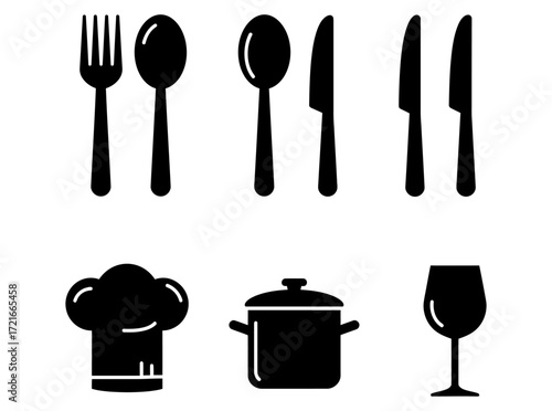 Culinary Artistry A Silhouette Collection of Utensils, Cookware, and Chef's Hat in Sleek Black