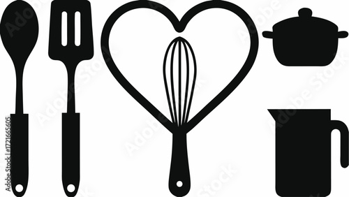 Illustration of kitchen utensils including a spoon spatula whisk pot and a pitcher in black color | editable eps vectors silhouette