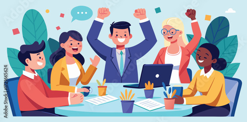 Business success meeting with happy celebrating team Vector illustration in a flat style of a close-up group of happy diverse people in business suits with enjoy the success.