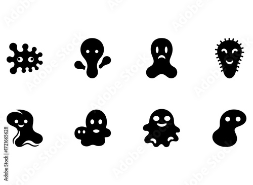 Set of abstract cute and creepy blobs, microbes, viruses, and ghosts icons on white background