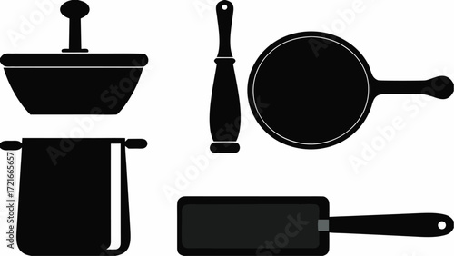 Illustration of kitchenware including a pot with lid a pan a skillet and a cooking utensil set up nicely | editable eps vectors silhouette