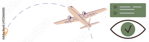 Airplane flying along a dashed path, destination marker, flight data interface, and inspection symbol. Ideal for travel, logistics, aviation, safety navigation monitoring and planning. Simple flat