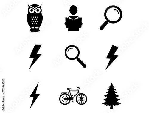 Black and white set of icons. Featuring owl, reader, magnifying glass, lightning, bike, and tree