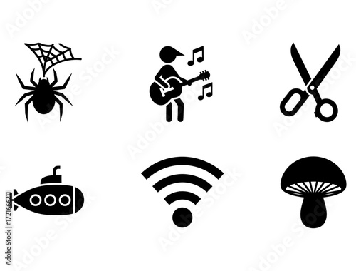 Collection of 6 Black and White Icons Spider, Musician, Scissors, Submarine, WiFi, and Mushroom