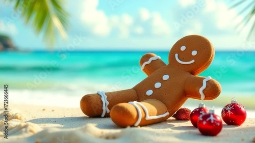 Gingerbread man relaxing on sandy beach with festive ornaments, surrounded by tropical scenery, capturing the joyful essence of Christmas in a sunny paradise