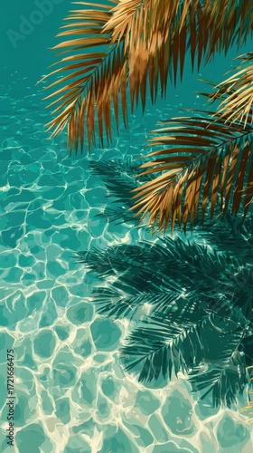 Vintage illustration of palm leaves in the middle of clear turquoise water, minimalistic.