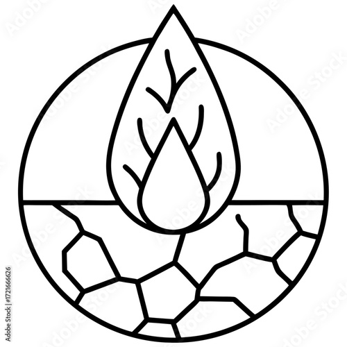 Line art illustration showing a water droplet forming a leaf over cracked earth representing conservation