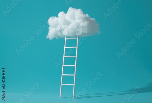 Wang Loria's ladder to cloud, a minimalistic concept on a turquoise background.