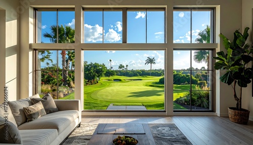 Spacious living room with golf course view