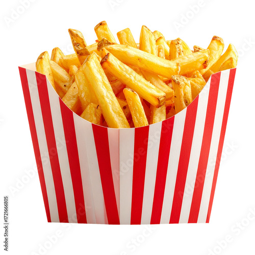 Crispy french fries in a red and white striped paper container