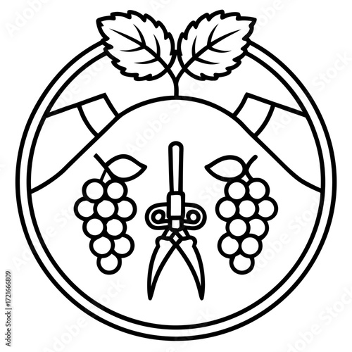 Elegant grapevine emblem with pruning shears and fruit graphic in circle border for wine industry and agriculture