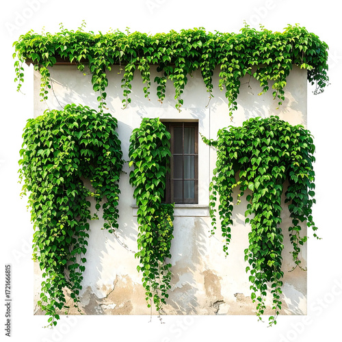 Cream-colored stucco building, heavily adorned with cascading green ivy. A single window with dark trim is visible