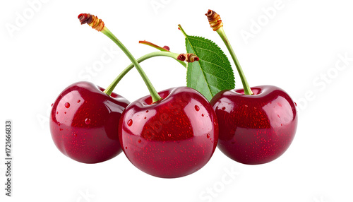 Close-up of three ripe cherries with leaves