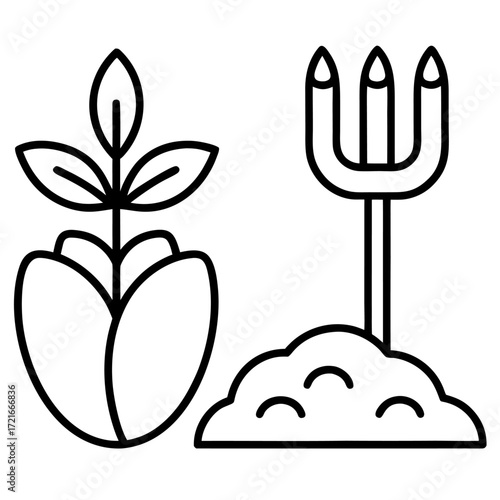 Gardening Tools and Plant Illustration Representing Agricultural Activities and Sustainable Organic Farming Practices for Healthy Living