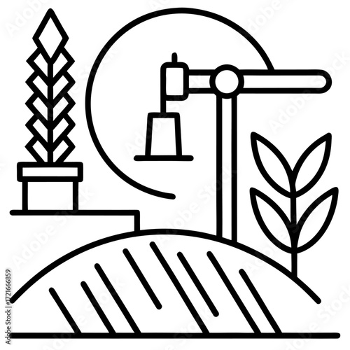 Iconic representation of sustainable urban development including agriculture and construction with plant and a crane
