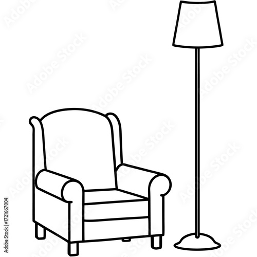 Elegant wingback armchair with floor lamp line art illustration for interior design concepts and furniture catalogues