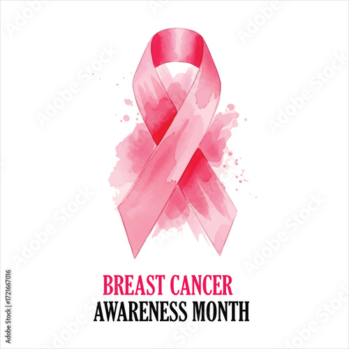 Pink watercolor ribbon Breast Cancer Awareness Month text pink ribbon