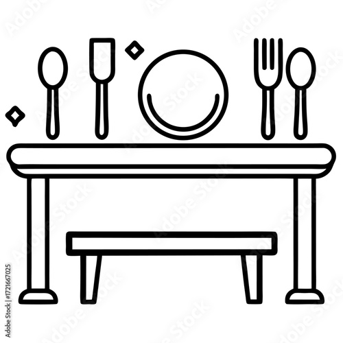 Elegant dining table outline with place setting ready for a meal presentation or design template