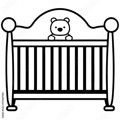 Baby crib with teddy bear illustration minimalist design in black and white for nursery decor projects