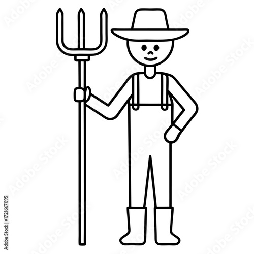 Illustration of a farmer in overalls holding a pitchfork ready for agricultural work on the farm
