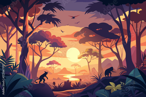 Enchanting jungle sunset with wildlife silhouettes, vibrant colors create a peaceful, exotic scene perfect for travel, nature, and adventure themes