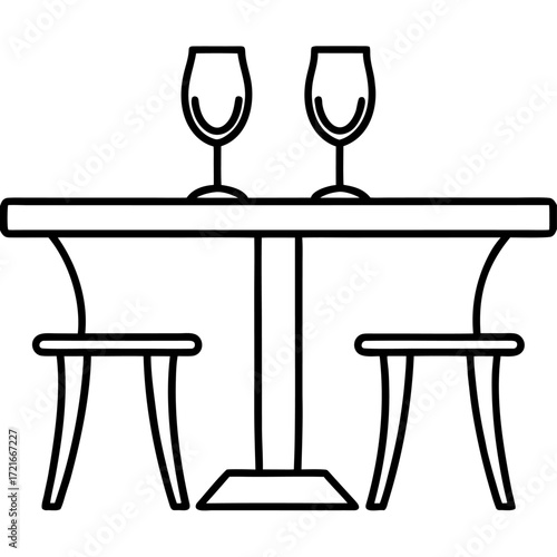 Minimalist illustration of restaurant table with two chairs and wine glasses creating intimate dining setting