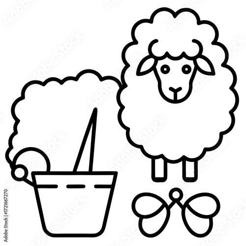 Cute sheep bucket and bow vector art line drawing for design and decoration purposes