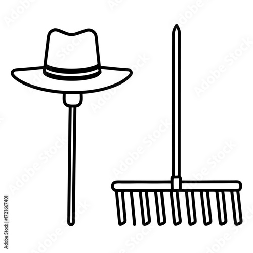 Black and white line art depiction of a rake and a hat on a stick minimal design