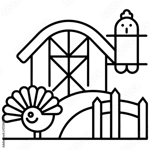 Stylized farm scene illustration with a barn a turkey a chicken and a fence for children books