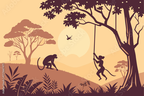 Playful monkeys swinging on vines in a vibrant jungle scene at sunset, capturing nature's joy and wild beauty
