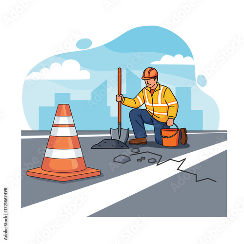 Professional engineer repairing a damaged road with traffic cones and a city background, symbolizing urban maintenance and safety.