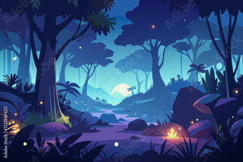 Enchanting twilight forest scene with a winding river and mystical glowing lights, perfect for fantasy storytelling and serene nature themes.