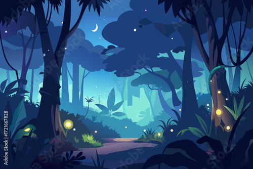 Enchanting magical forest path illuminated by glowing fireflies under a crescent moon creating a serene mystical night atmosphere.