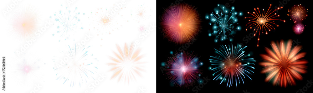 Fototapeta premium Set of Fireworks Display with Sparkling Effects in Night Sky Display on Transparent and Black Background, png