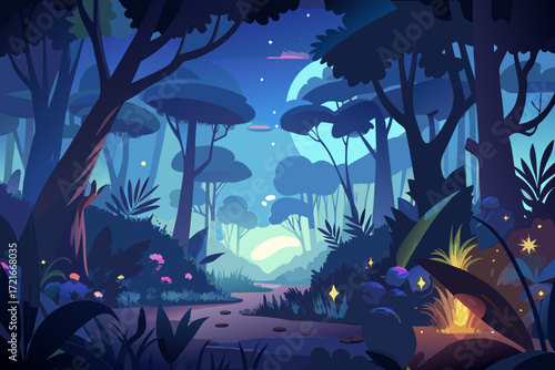 Enchanting twilight forest path illuminated by magical glowing flora and distant celestial bodies creating a serene and wondrous atmosphere
