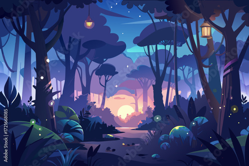 Enchanting twilight forest scene with glowing lanterns and a serene river reflecting the vibrant sunset sky
