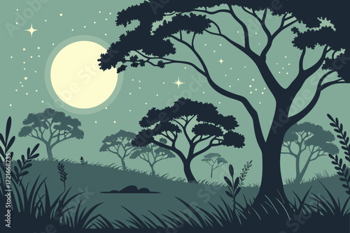 Tranquil savanna night scene with glowing moon and starry sky illuminating silhouette trees and grass, evoking peace and wonder.