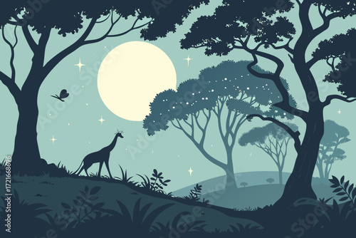 Serene African savanna under a full moon with a graceful giraffe and whimsical butterfly, evoking peaceful nights and natural wonder.