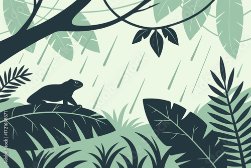 Whimsical frog enjoys a refreshing rain shower amidst lush jungle foliage, creating a serene and playful natural scene