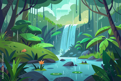 Serene tropical rainforest with cascading waterfall and lush green foliage during a gentle rain shower creating a tranquil natural paradise