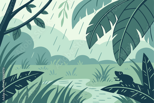 Charming frog enjoys a peaceful rainy day amidst lush jungle foliage and tranquil water stream, evoking nature's serene beauty and vibrant life.