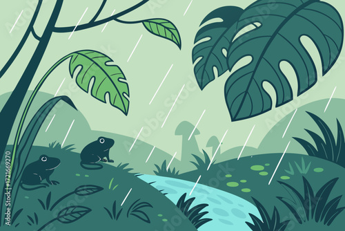 Charming cartoon frogs enjoying a gentle rainforest rain shower, lush green foliage and tranquil stream create a peaceful scene