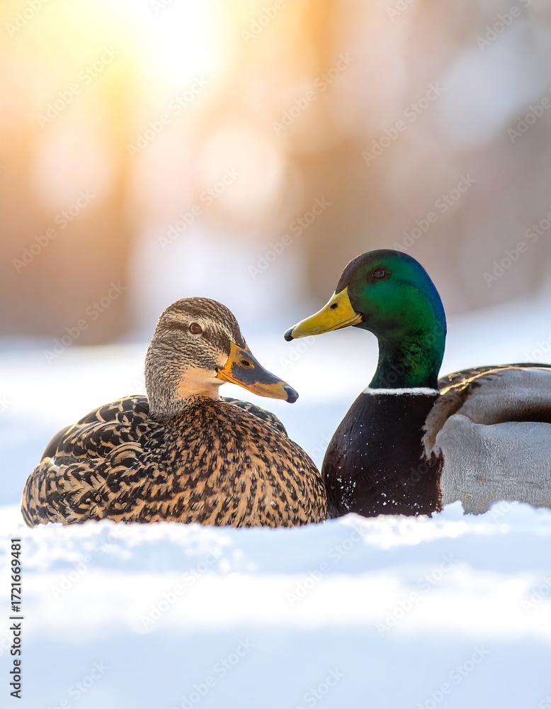 Fototapeta premium Two ducks in snowy landscape