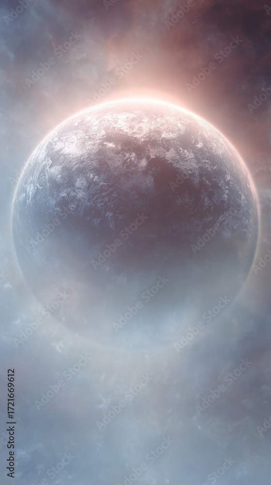 Fototapeta premium Explore a mystical planet nestled within a cloudy sky, showcasing a serene and ethereal space scene ideal for scientific research, cosmic exploration, and inspiring dreamlike concepts that spark