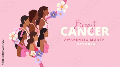 Breast cancer awareness month motion graphic design on pink background with text and ribbon decoration
