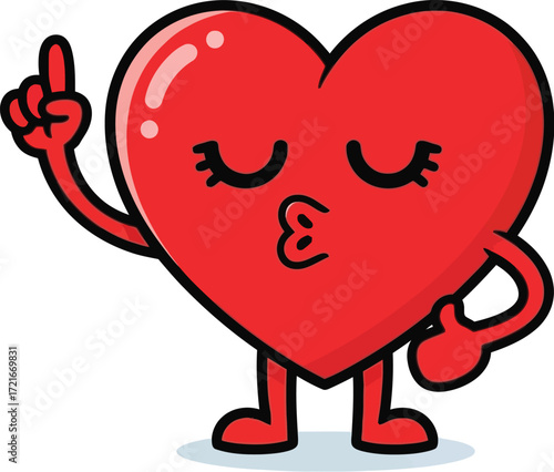 Playful cartoon heart character making a kissy face and holding up a finger.