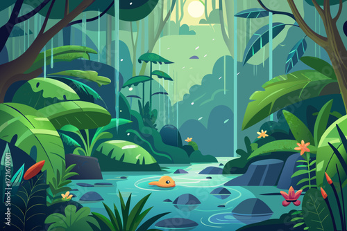 Vibrant cartoon jungle scene with a gentle stream, lush foliage, and a playful creature bathed in soft sunlight