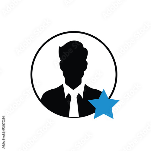 Silhouette of a professional man inside a circle with a blue star accent, symbolizing profile, expertise, recognition, leadership, and personal branding. Ideal for career, business, and recruitment de