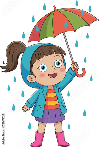 Cartoon girl, rainy weather, holding umbrella, wearing raincoat and boots, vector illustration, child in rain, cute outdoor scene