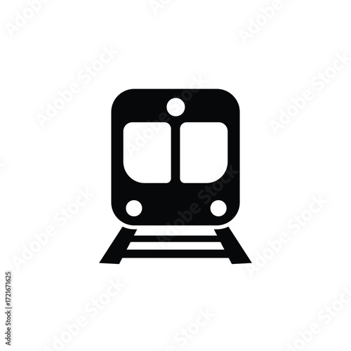 Black train icon on tracks in simple vector style. Minimalist transportation symbol representing metro, subway, railway, or public transit. Clean design for travel, station, and commuting concepts.